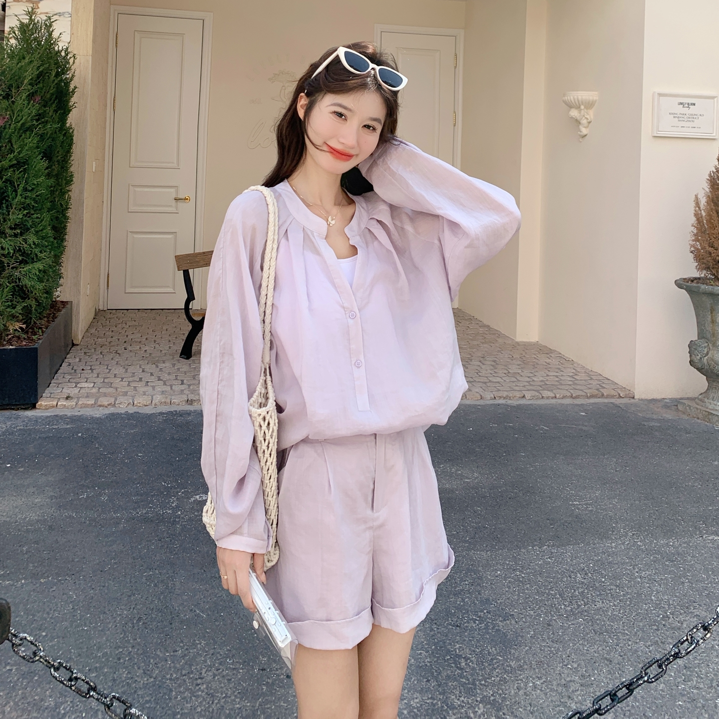 粉紫色轻薄防晒衬衫套装女2025夏季新款小个子甜美减龄短裤两件套