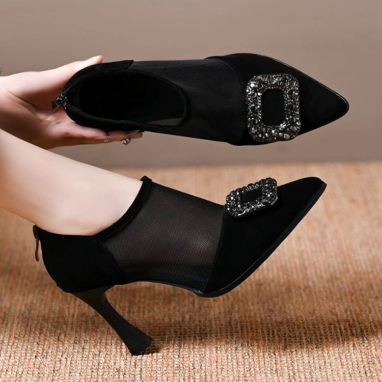 方扣水钻网纱高跟单鞋女2025春夏季气质真皮镂空透气包头细跟凉鞋