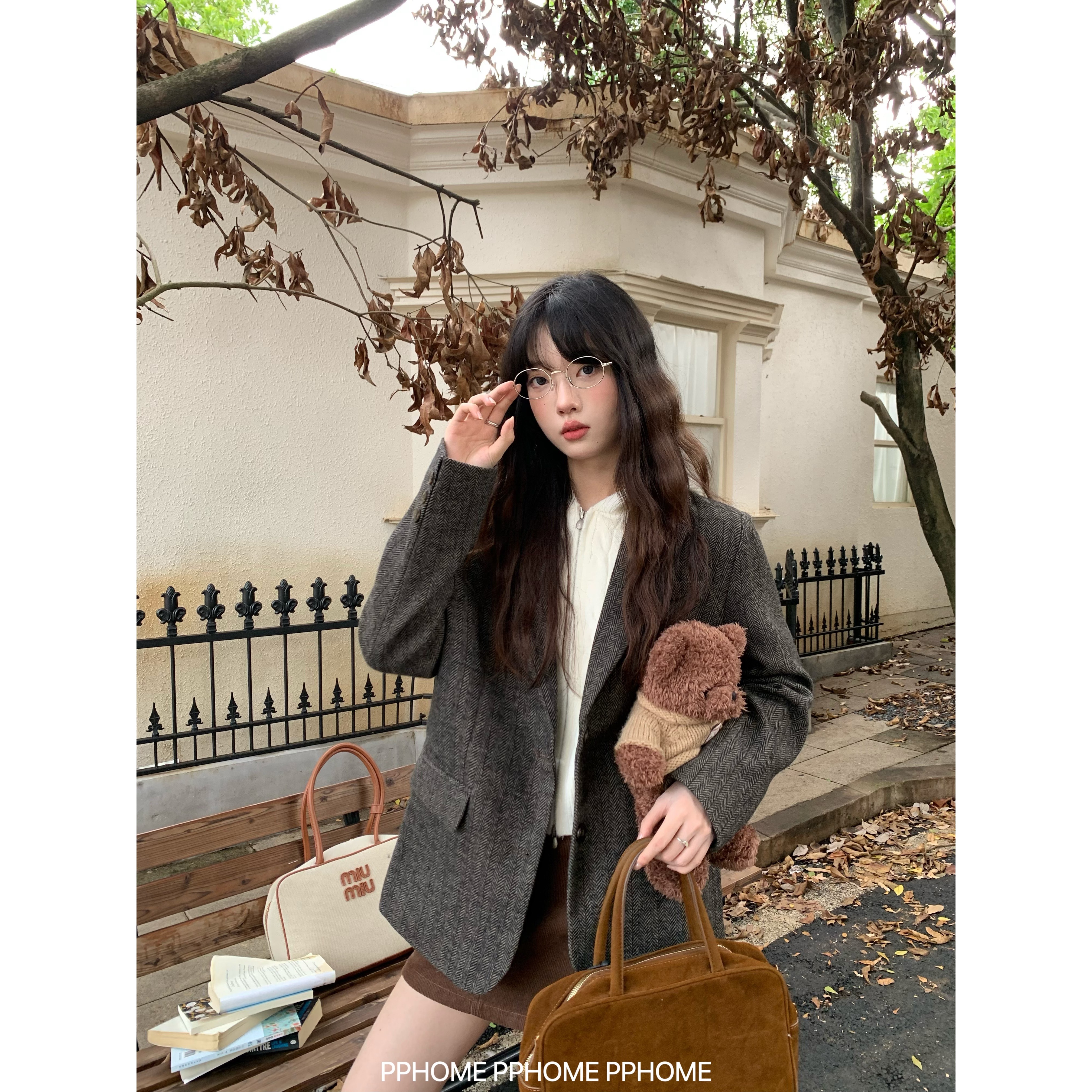 灰色气质毛呢西装外套女秋冬宽松高级感慵懒呢子大衣