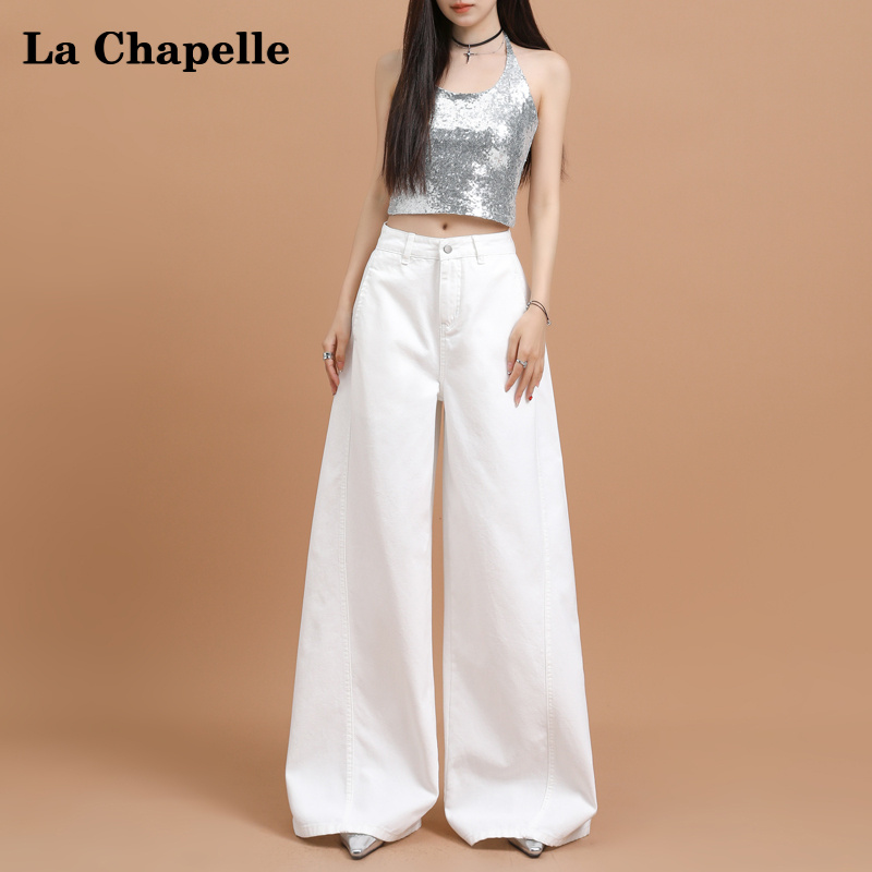 【拉夏贝尔】牛仔裤2025春季夏新款美式优雅白拼接设计垂感拖地裤女