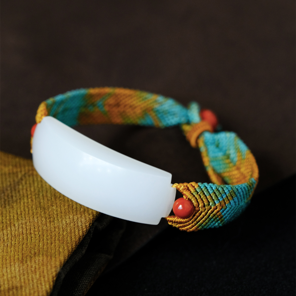 柒府天然和田玉白玉手牌千里江山手编绳手环