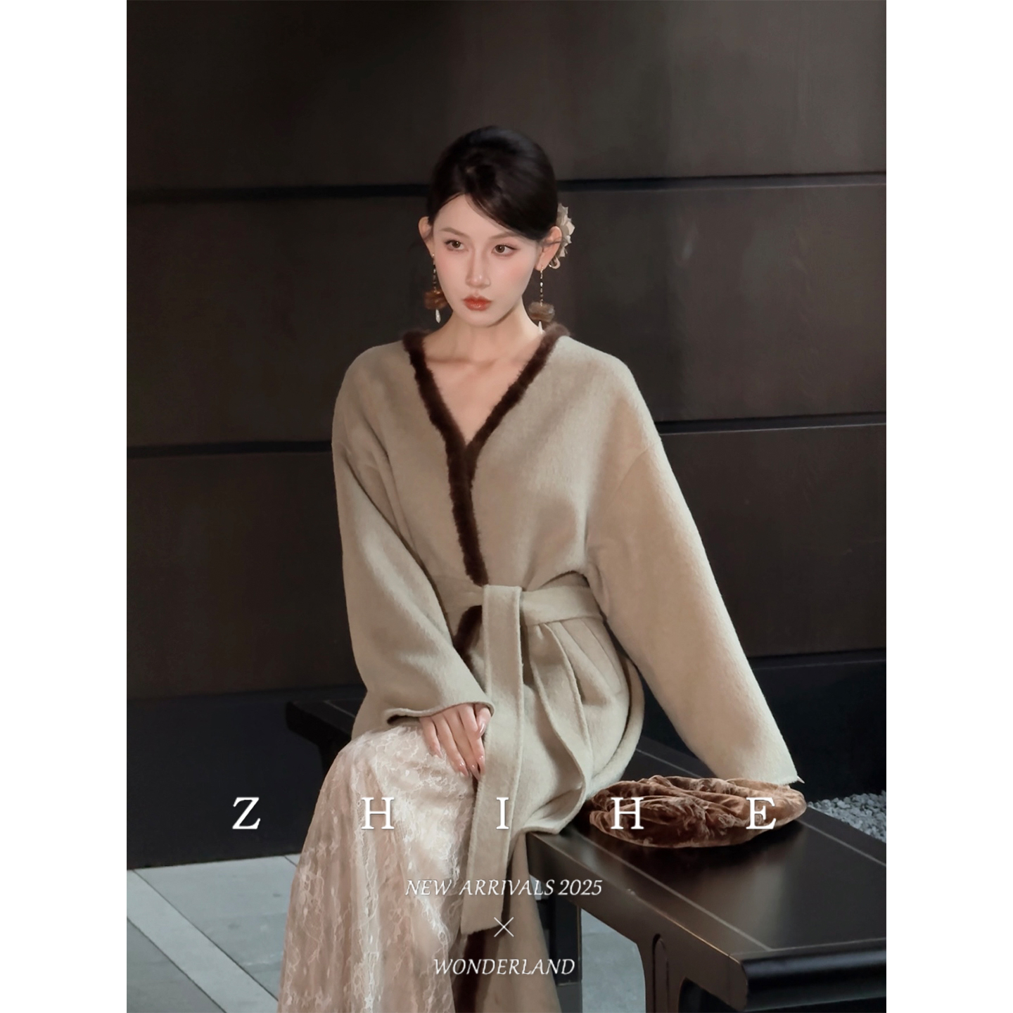 无艳一禾【暮江吟】手工坊-100绵羊毛双面呢大衣+针织衫+半裙