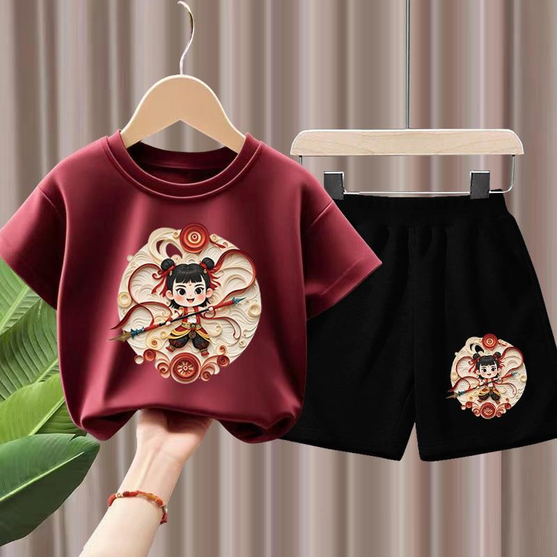 国潮哪吒2025新款儿童纯棉套装夏季短袖T恤男女中小童短裤两件套