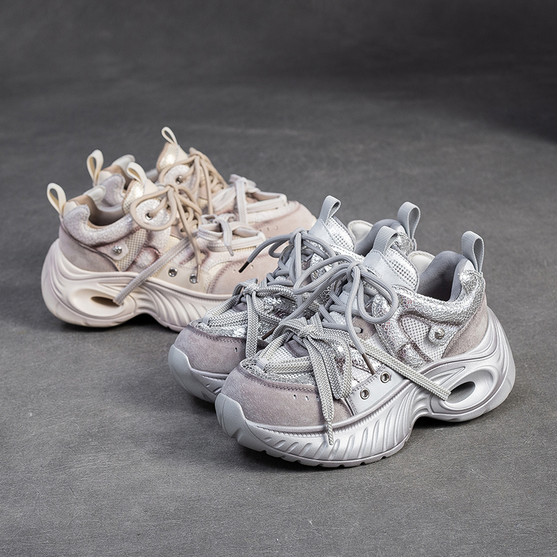 时尚亮片老爹鞋女厚底2025新款秋季百搭透气网面休闲运动鞋增高潮