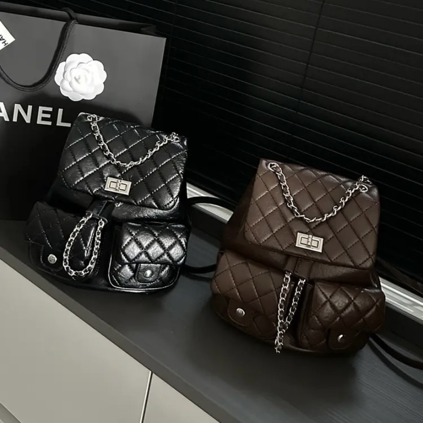 【高品质】小香风白月光双肩包时尚韩系ins质感重工菱格双口袋背包