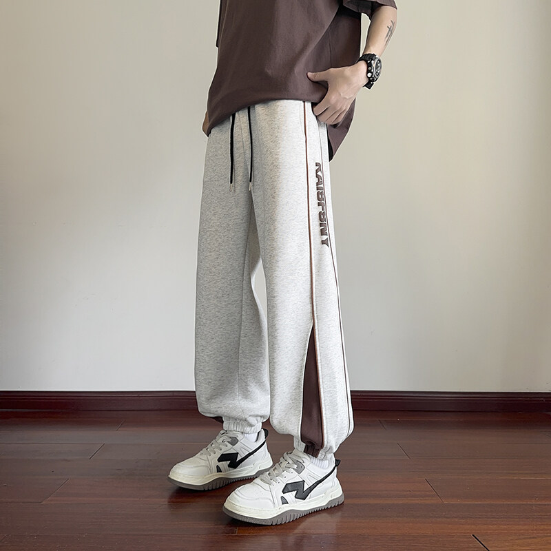 潮牌裤子男款青少年春秋季拼接印花束脚卫裤初高中学生休闲运动裤