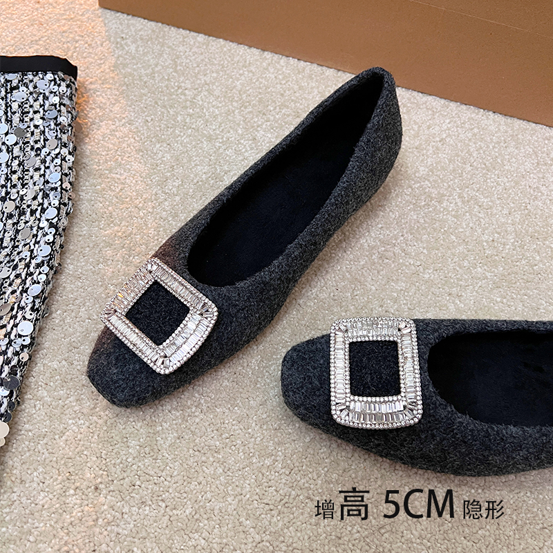 啄木鸟小个子增高5CM方头水钻灰色单鞋女2025爆款秋冬浅口毛毛鞋