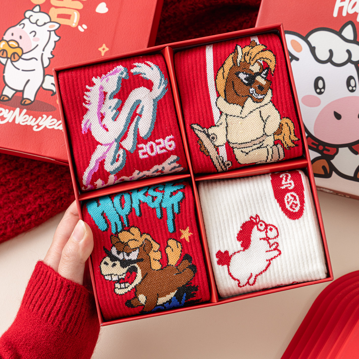 红色袜子男棉袜马年本命年中筒男士棉袜子属马新年礼盒秋冬袜