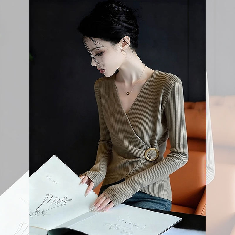 独特漂亮内搭卡其色系带小衫洋气高贵针织衫休闲上衣服女韩系秋冬