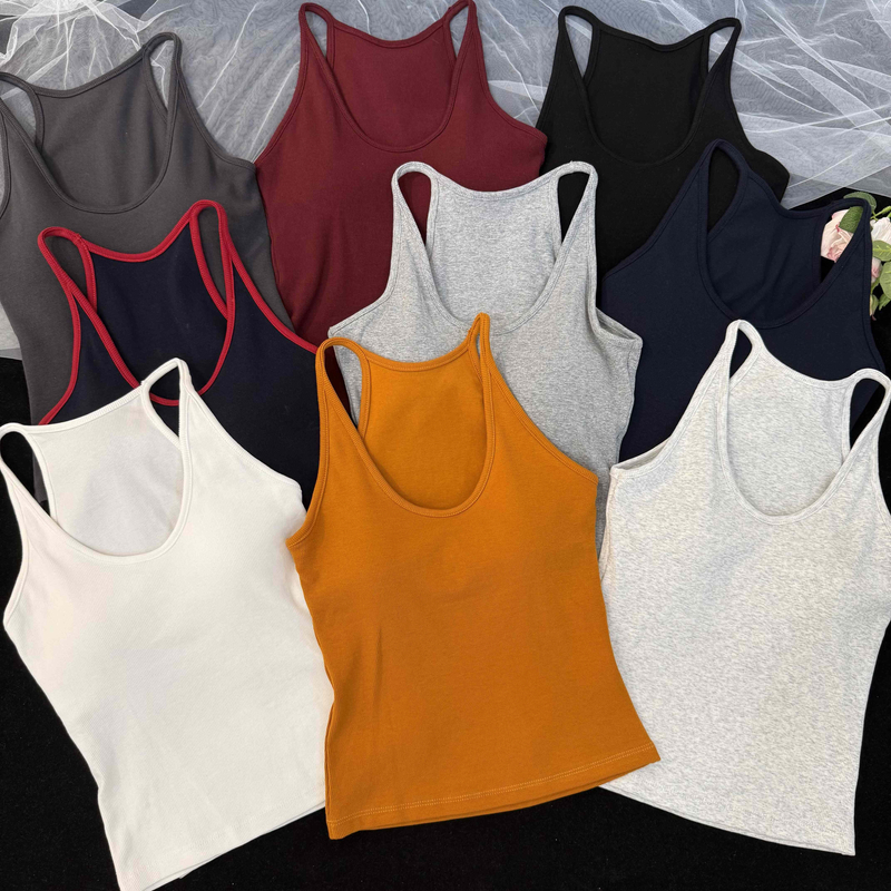 （四季可穿）法式U领挂脖带胸垫吊带内衣洋气螺纹修身显瘦背心潮