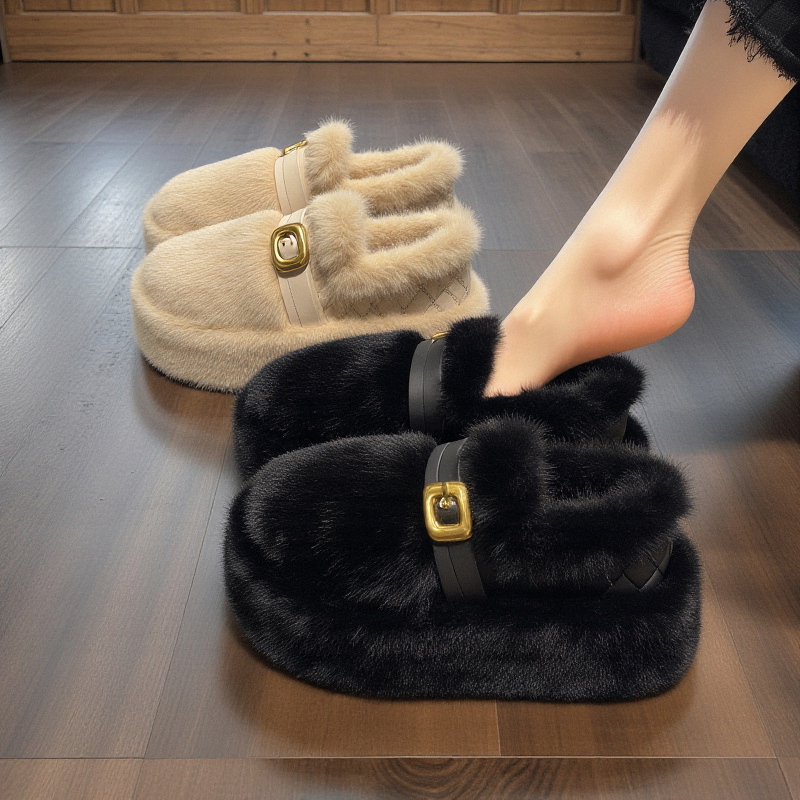 兔毛绒毛毛鞋女2025新款冬季皮带扣法式厚底加绒保暖软底孕妇棉鞋