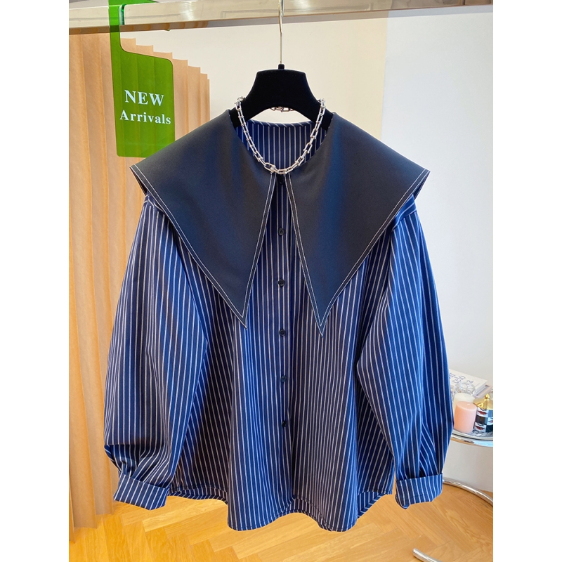 韩国娃娃领长袖衬衫女春装2025新款宽松条纹衬衣大翻领海军领上衣