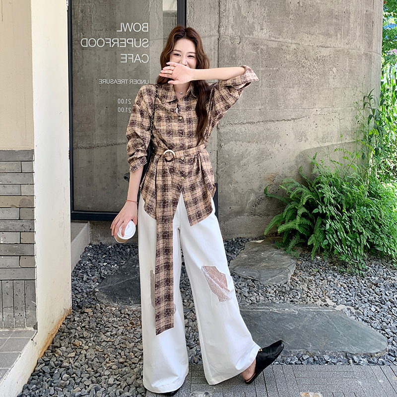 韩系氛围感穿搭套装女2025秋新款高级感气质格纹衬衫阔腿裤两件套
