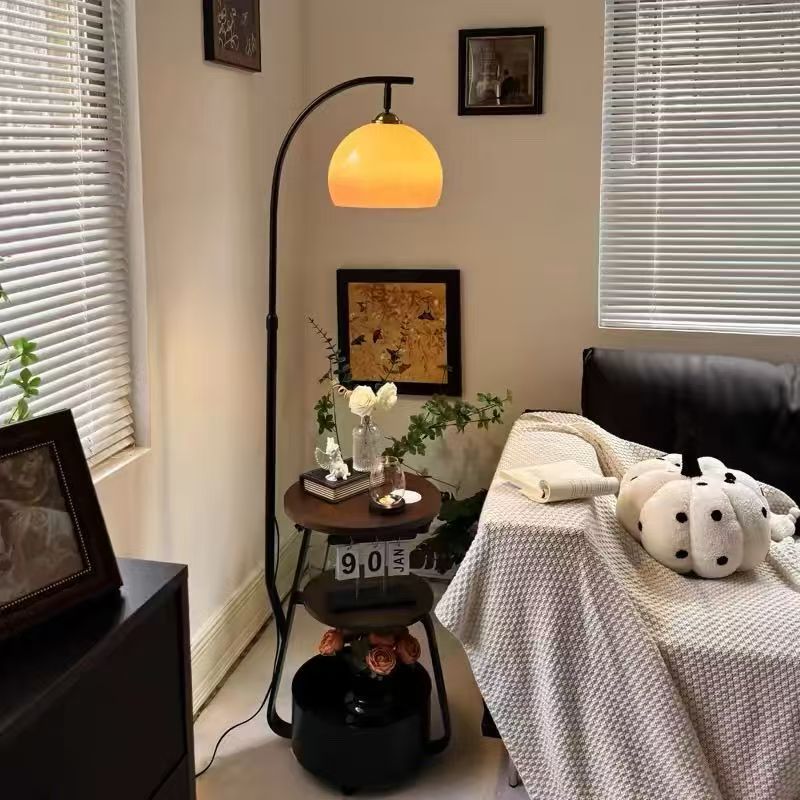 中古风柚子落地灯客厅沙发旁氛围感茶几美式复古卧室床头柜一体灯