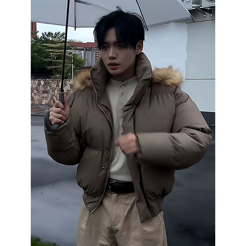咖色保暖可拆卸大毛领连帽棉服男冬季加厚保暖棉衣hiphop潮牌外套