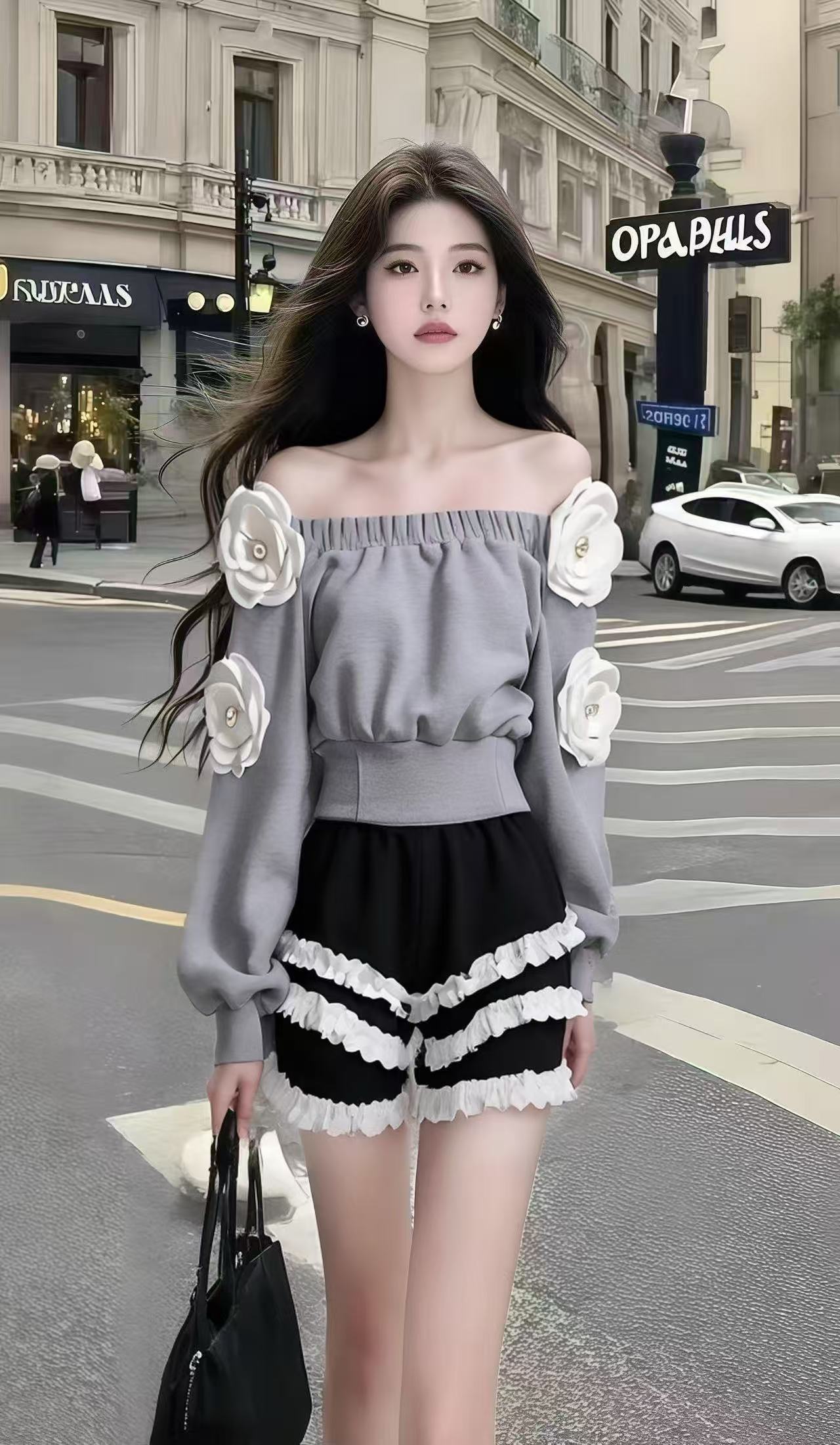 轻奢气质时尚秋季套装灰色一字领立体花朵上衣+黑色设计感短裤女