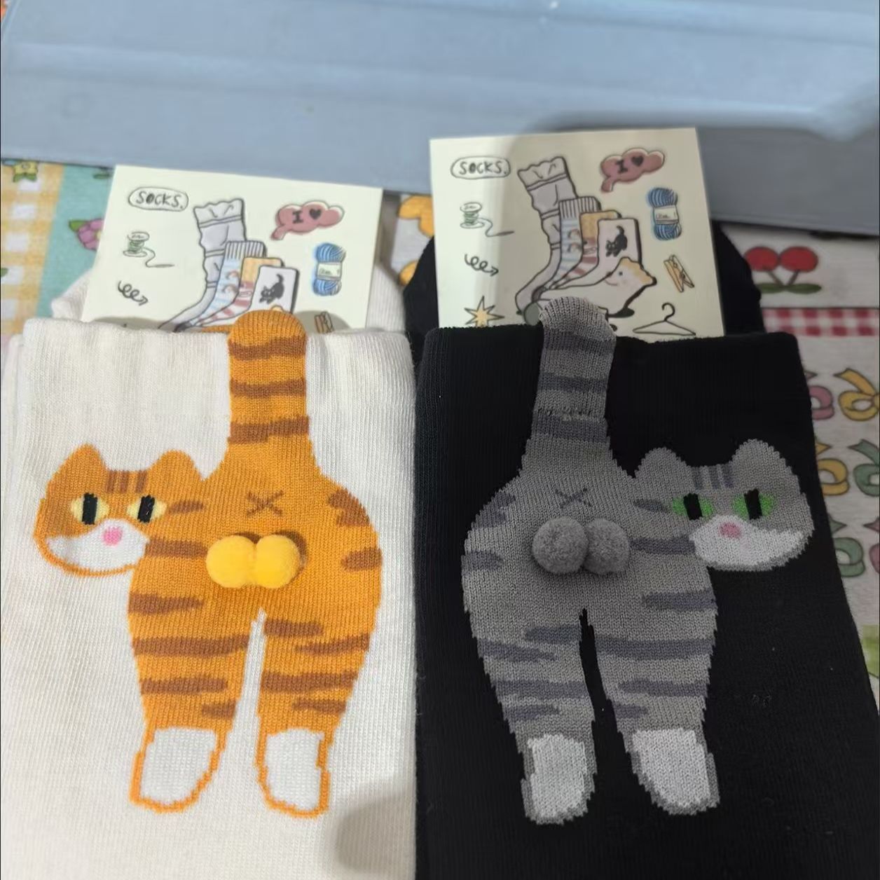 白色卡通猫咪叮叮当蛋蛋袜子女夏季外穿ins日系可爱搞怪中筒袜xt