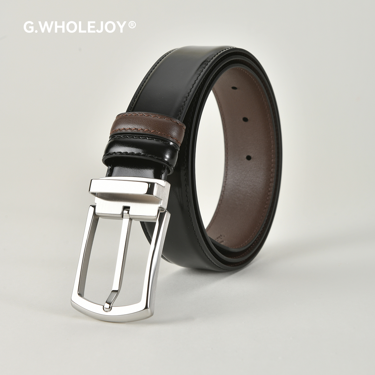 G.WHOLEJOY男士正装西装商务光面真皮皮带简约黑色棕色两面-2537L