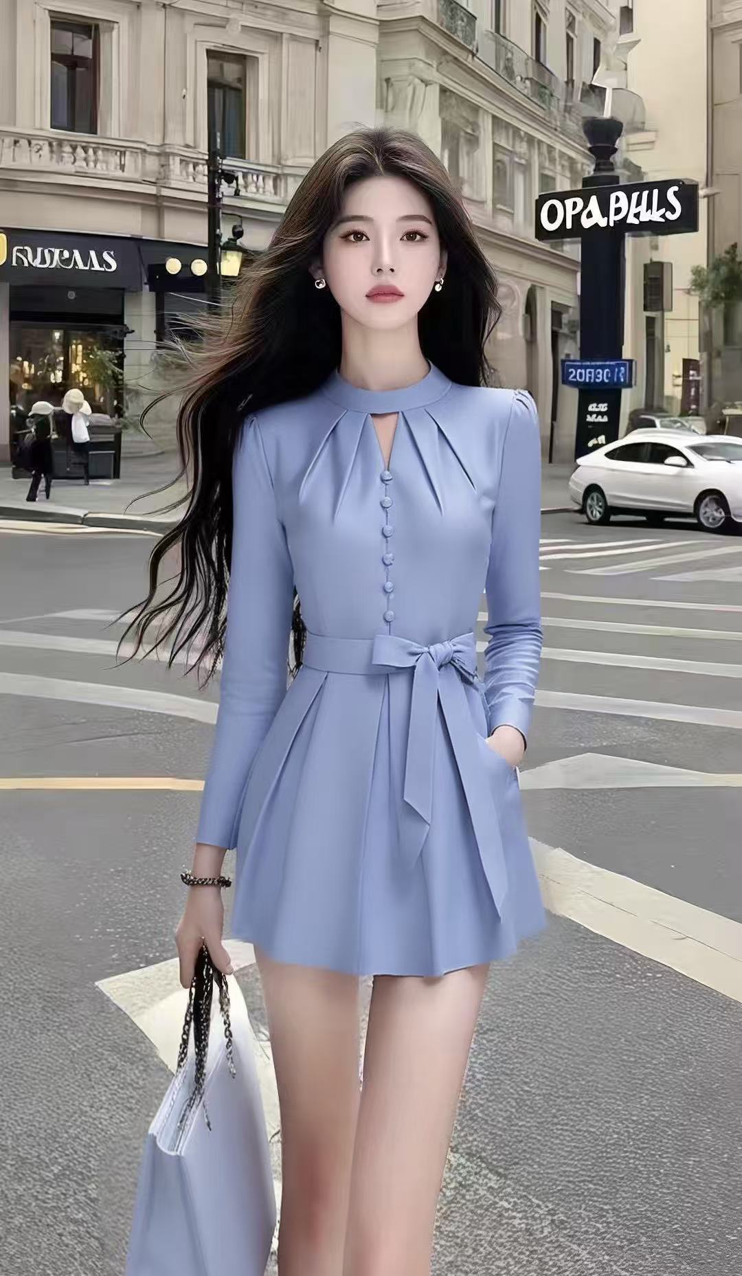轻奢时尚气质名媛蓝色圆领长袖收腰系带设计感连衣裙女氛围感短裙