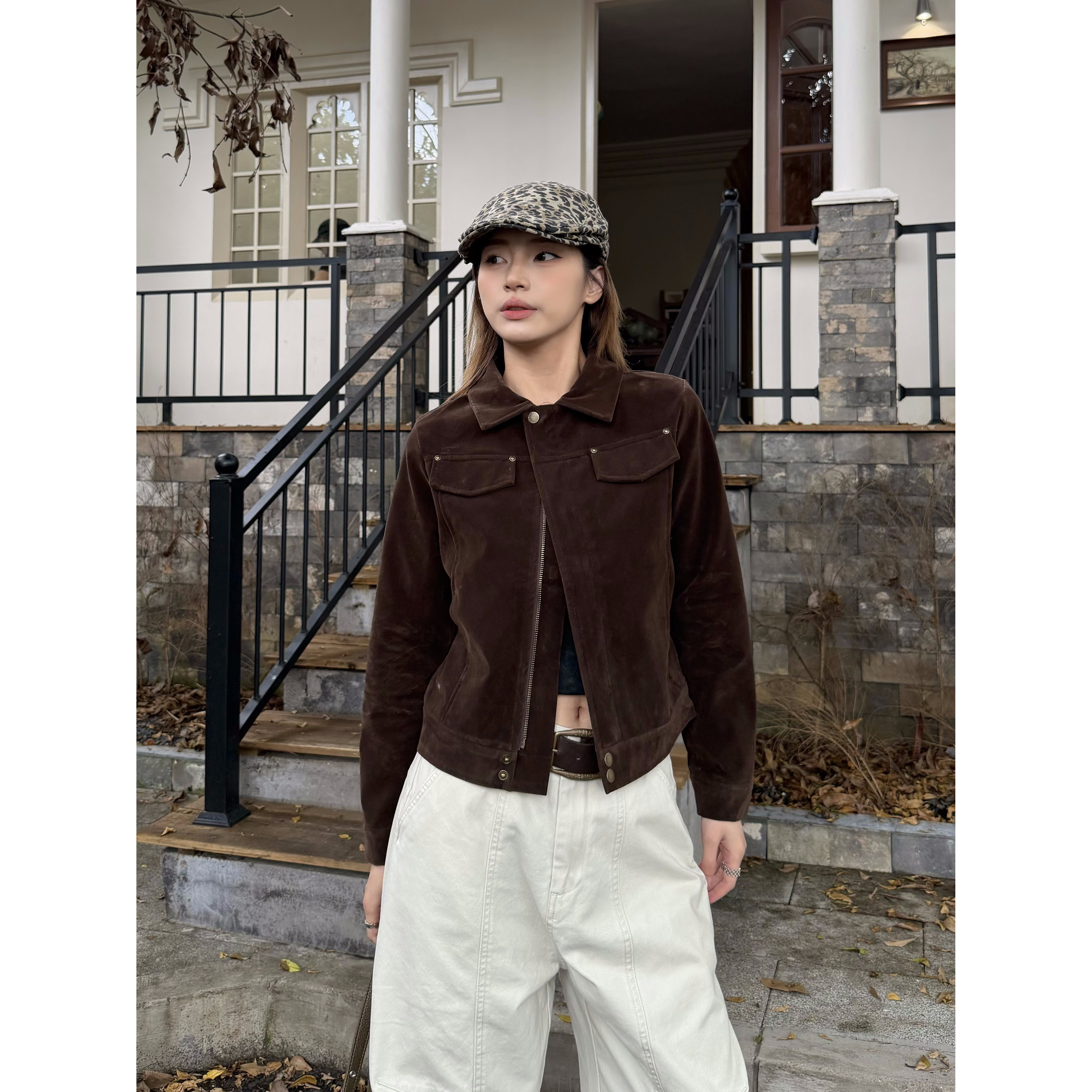 XFX 美式复古老钱风仿麂皮绒夹克外套女秋季休闲拉链显瘦工装上衣