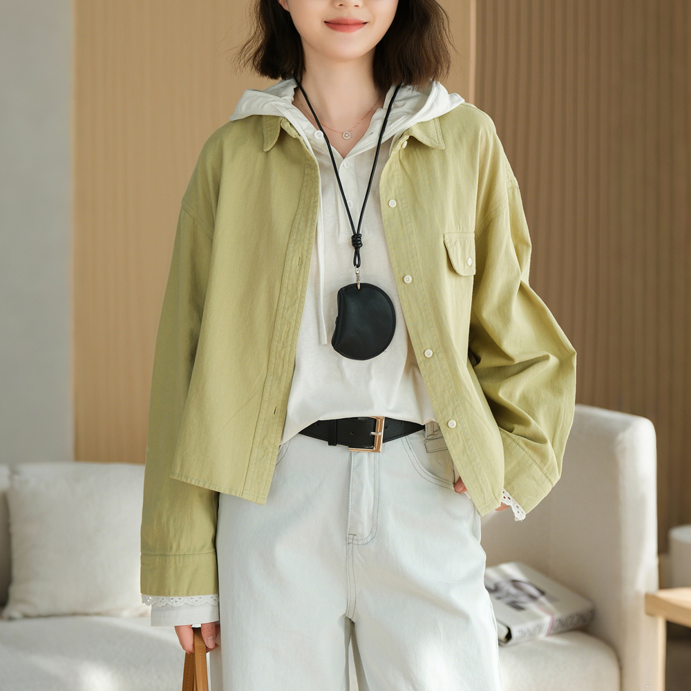 春秋女装时尚休闲新款polo领拼接蕾丝袖口袋设计感纯棉洋气短外套