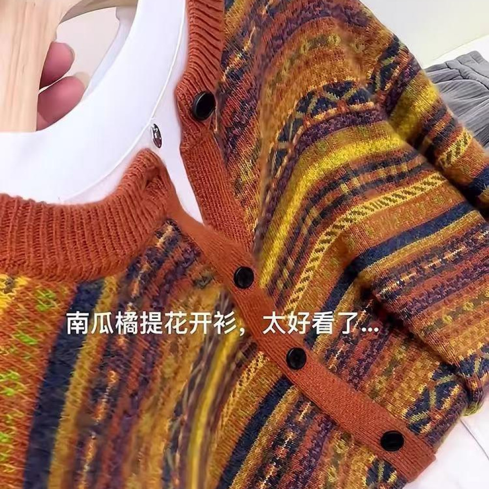 女毛针织衫圆领撞色针织衫长袖拼色针织提花短款上衣