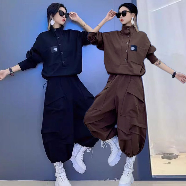 大码休闲2025春季新款时尚套装外套卫衣褶皱设计灯笼裤宽松两件套