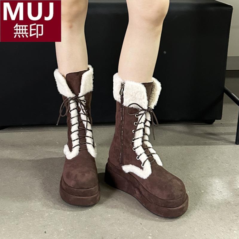 日本无印妙毛毛雪地靴女2025年季新款咖啡厚底加绒保暖中筒马丁靴
