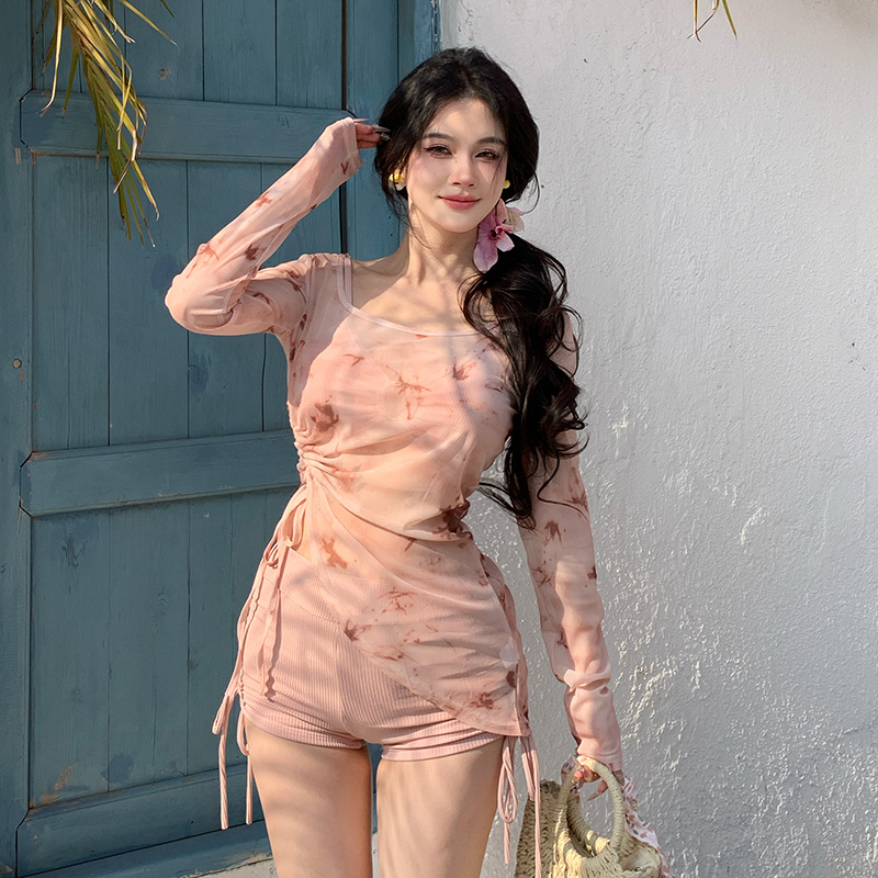 2025款泳衣女微胖女孩三件套分体平角裤运动三点式大码比基尼罩衫