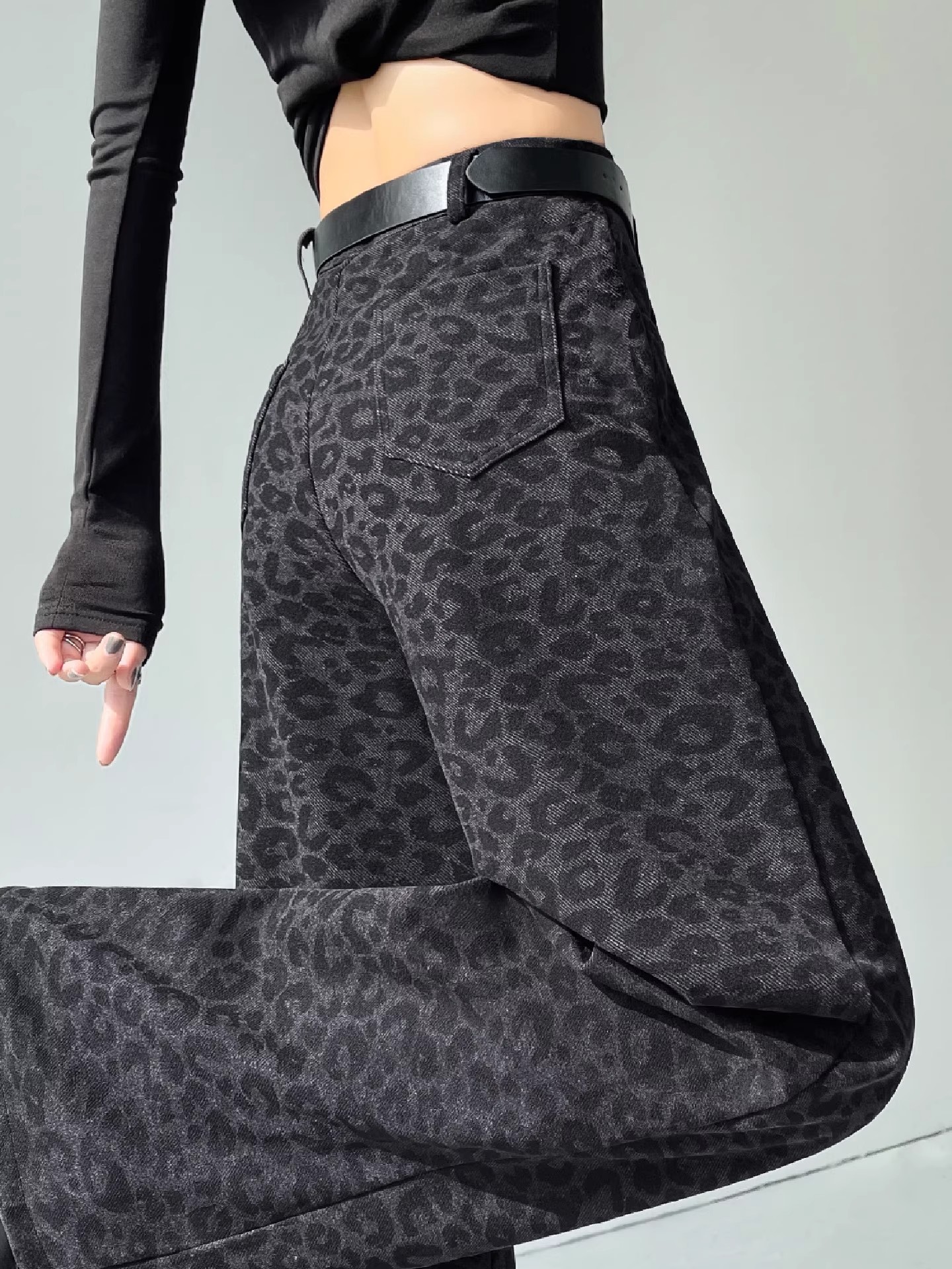 美式复古豹纹阔腿牛仔裤女2025秋冬季加绒加厚裤子高腰直筒拖地裤