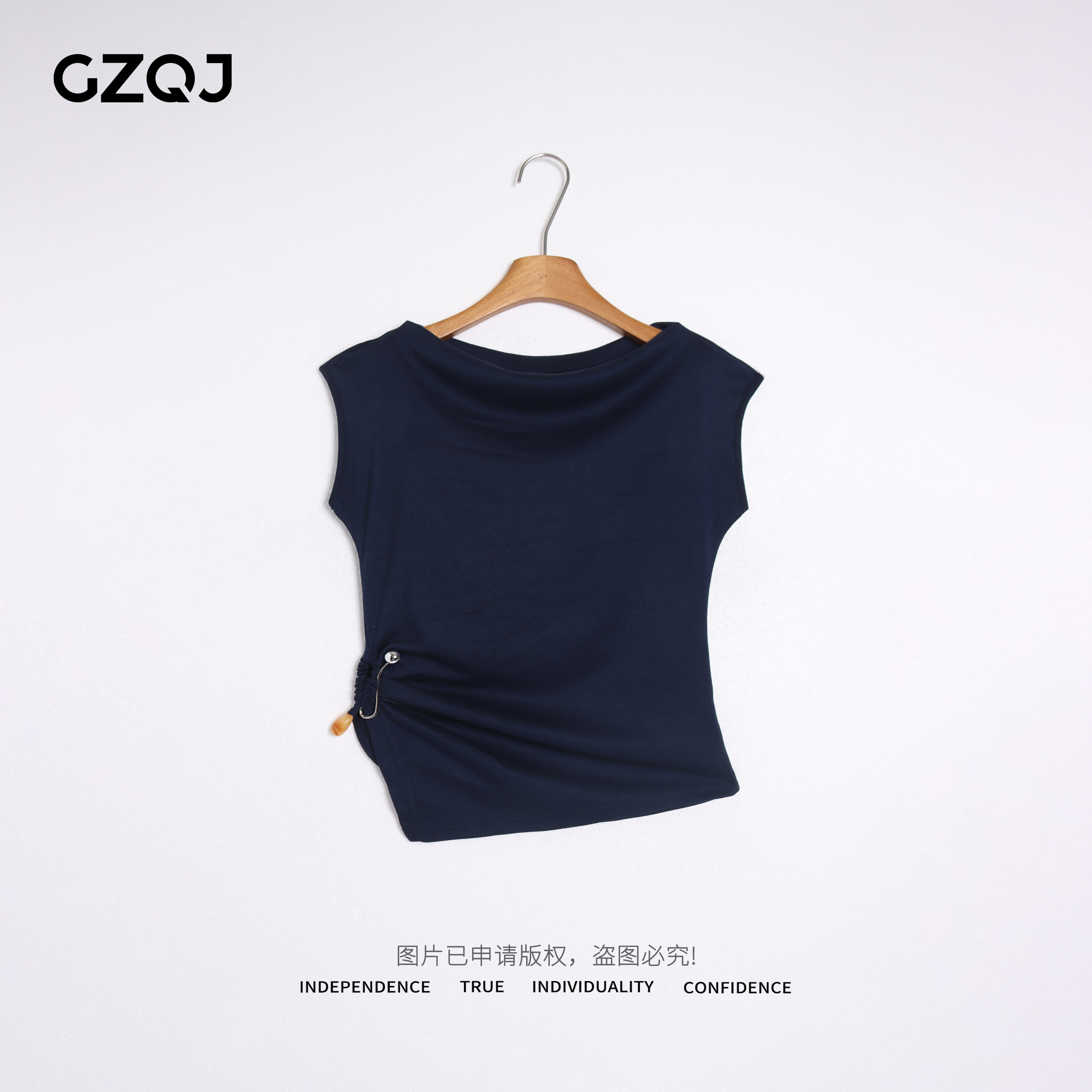 老琴私服 【晚风清梦】欧若风气质不规则领纯色高级感T恤女夏季4563