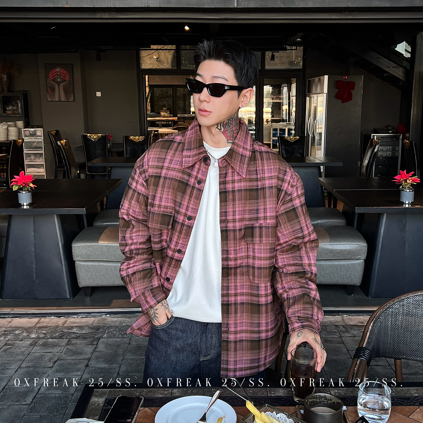 OXFREAK「撞色格纹 弧形下摆」冬季衬衫式棉服男宽松保暖加厚外套