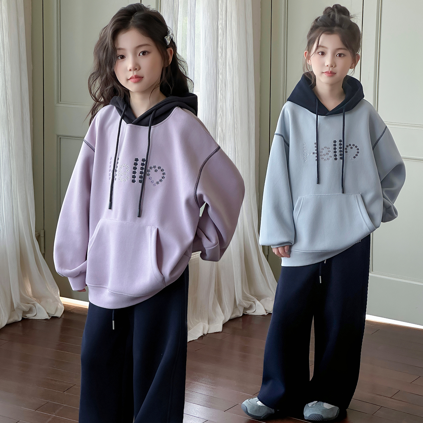 女童春秋连帽学生宽松拼色卫衣2025新款中大童时尚洋气休闲上衣潮