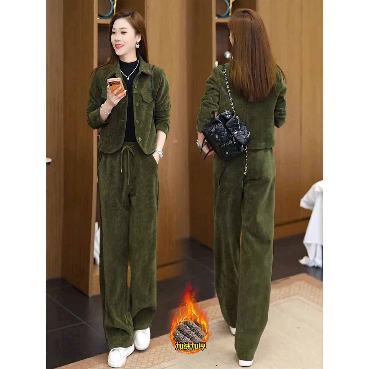 拉夏贝尔时尚加绒休闲套装女2025冬季新款洋气短外套阔腿裤两件套