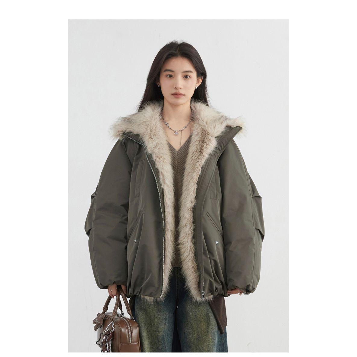 2025高级拼接毛领花苞派克服巴恩风棉斯男女同款外套