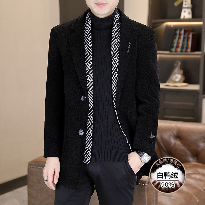 加厚保暖白鸭绒羽绒服围巾可拆中长款毛呢大衣高级感大衣男款冬季