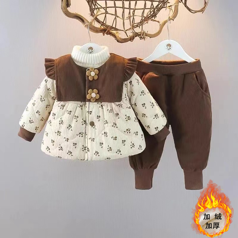 女童棉衣套装冬装2025新款洋气女宝宝加绒外套婴儿冬季衣服两件套