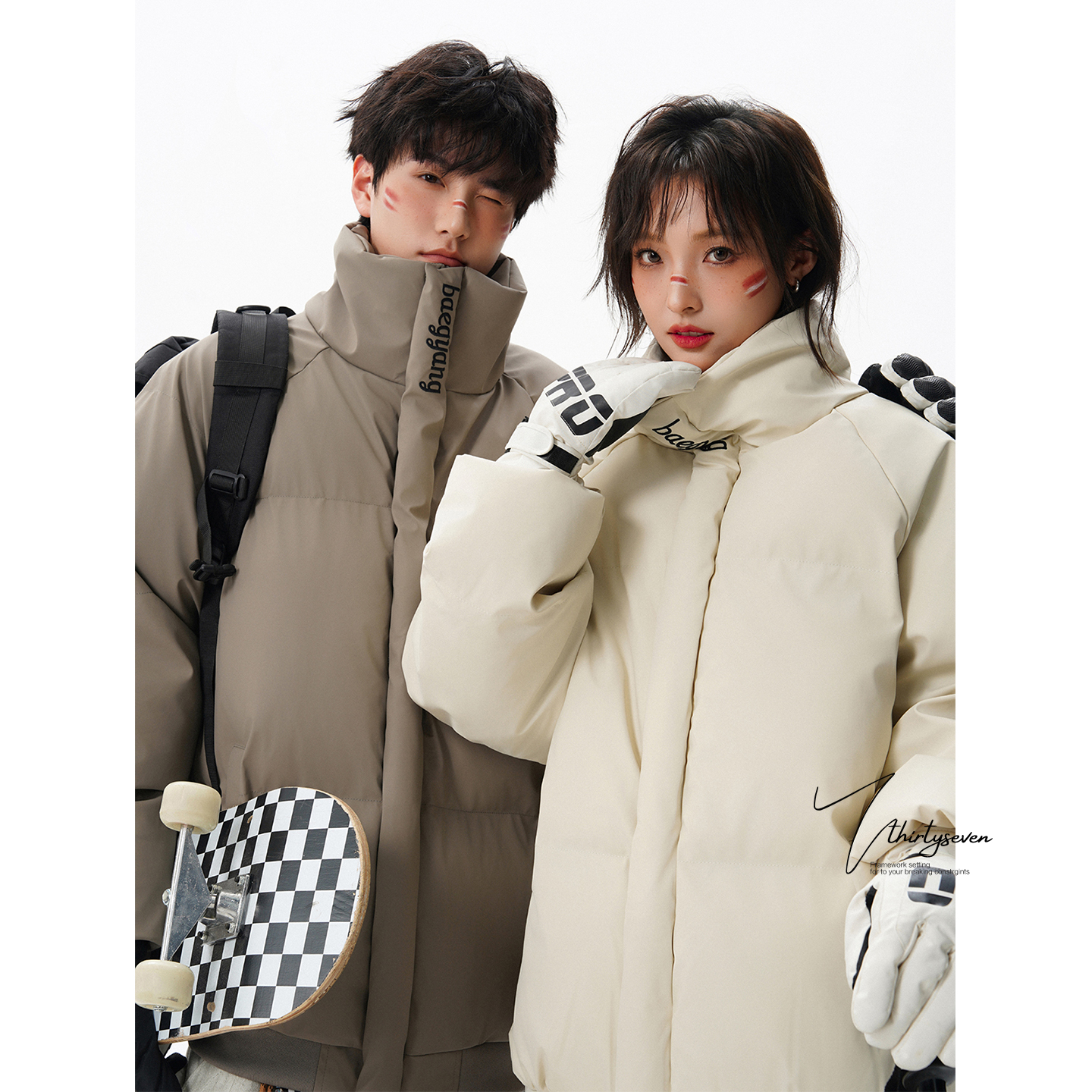 V37美式潮牌情侣款立领PU皮棉服男秋季高街痞帅刺绣保暖棉衣外套