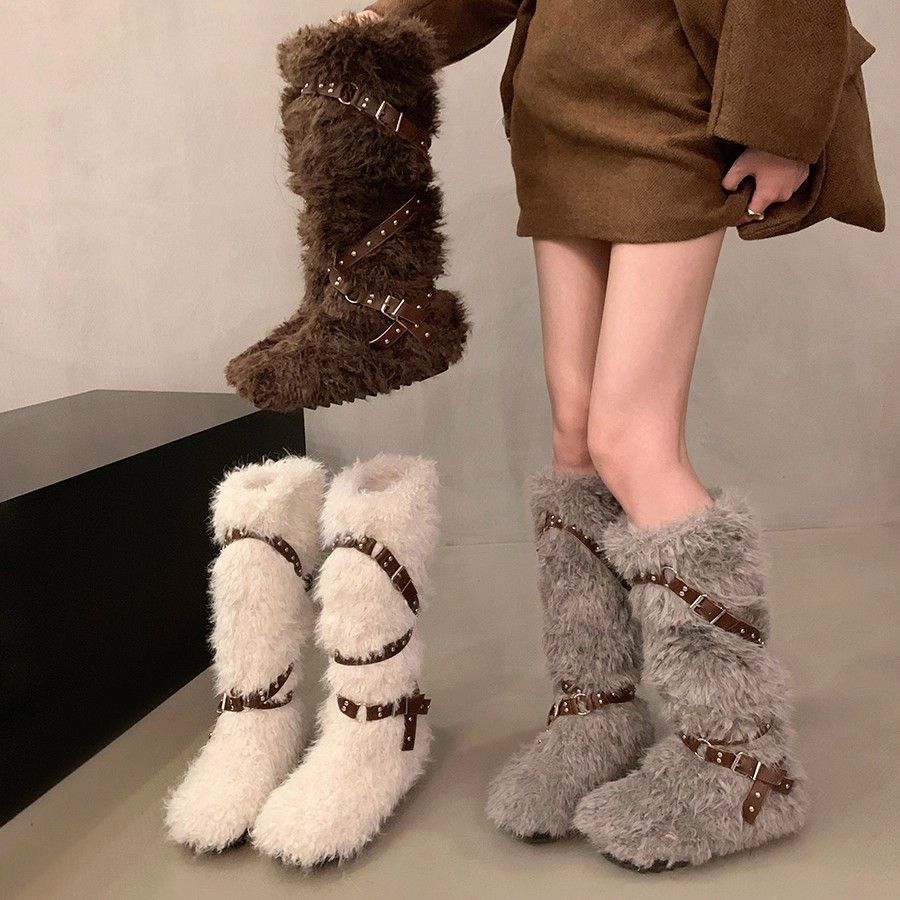 内增高加绒加厚雪地靴女2025新款秋冬季保暖毛毛鞋棉鞋高筒骑士靴