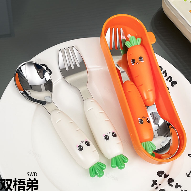 双梧弟可爱卡通宝宝学吃饭专用不锈钢叉勺餐具儿童进食叉勺套装