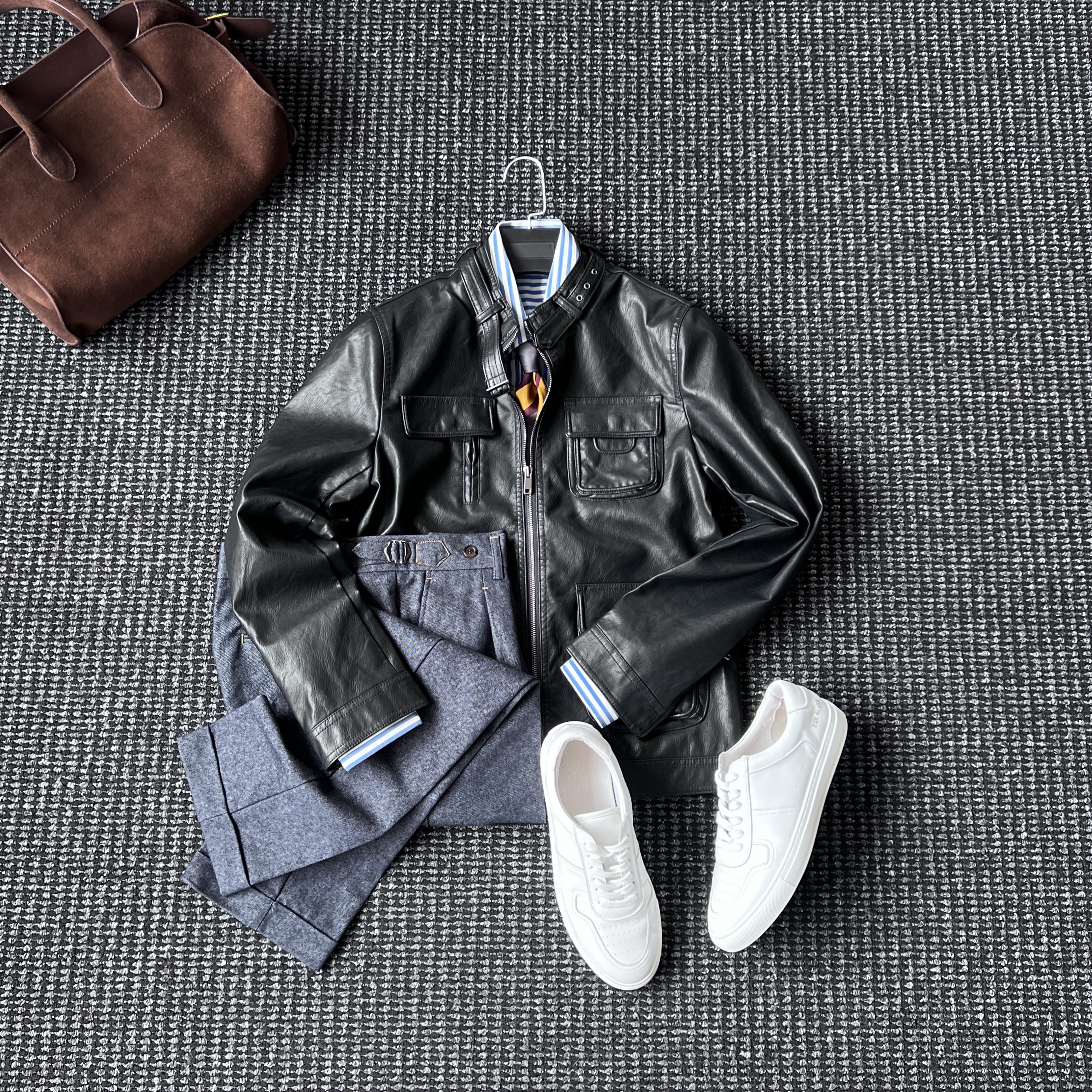 CssuGent秋冬季多口袋立领高端PU皮夹克男修身痞帅韩版绅士皮外套