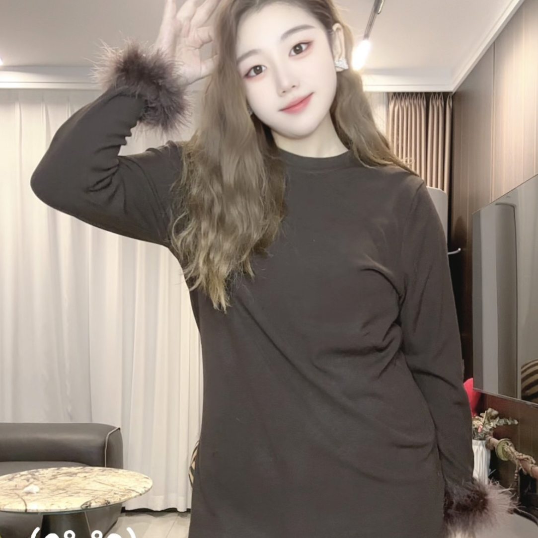 「68025」新中式大码衫宽松弹力毛毛袖显瘦复古风长袖打底衫女装