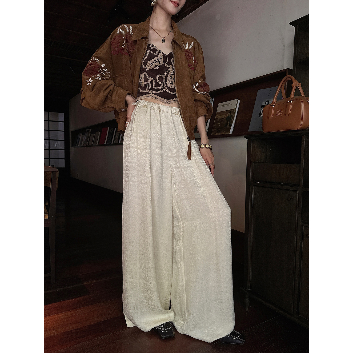 三吉黑花【非晚】国风天丝麻阔腿裤子宽松2025新款巨好看早秋季潮