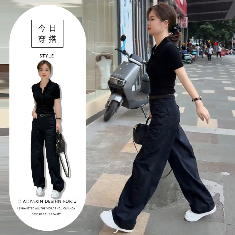 甜酷风独特洋气两件套港味复古黑色polo领短袖上衣高腰遮肚阔腿裤