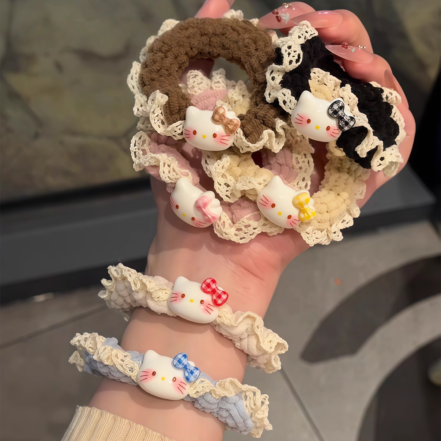 甜美蕾丝花边KT猫发圈少女卡通百搭马尾小肠圈高颜值森系ins发绳