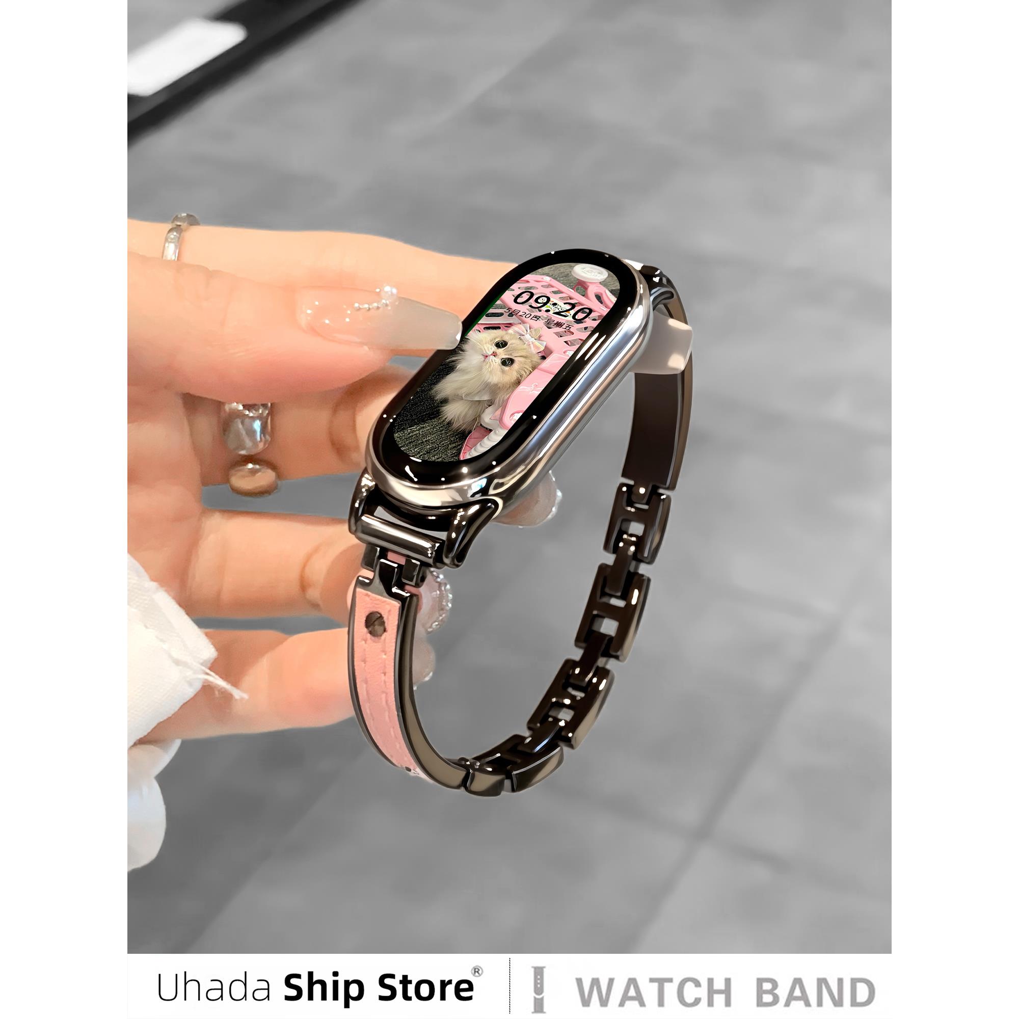 UhADa适用小米手环10表带时尚皮质小米手环9表带智能运动弯月手镯