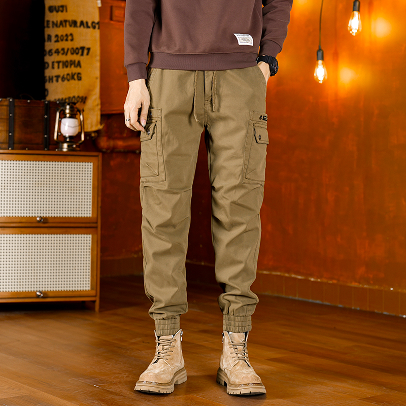 复古水洗纯棉工装休闲裤男宽松大码潮牌户外哈伦束脚长裤工装裤