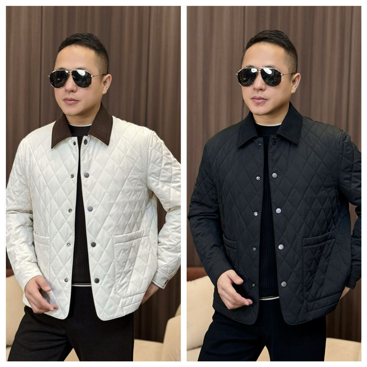 孙先生男装棱格撞色翻领男款薄棉服时尚轻奢棉服外套010