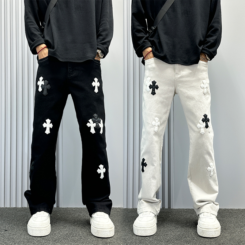 美式潮牌cleanfit十字架贴布牛仔裤男款微喇裤子秋冬直筒休闲裤潮