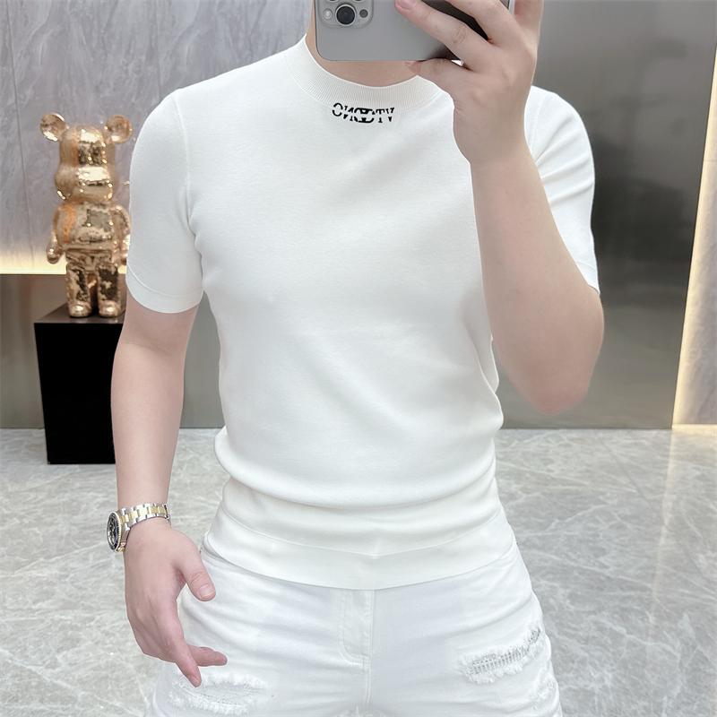 2025欧货轻奢男士针织冰丝短袖T恤纯色时尚百搭夏季半袖上衣25222